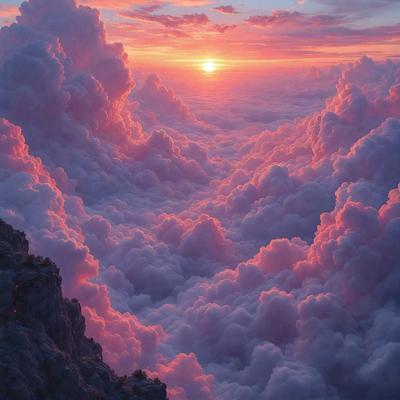 The primary subject of the image is a beautiful, pink sunset with clouds. The setting is a mountainous area, with the sun peeking through the clouds, creating a serene and picturesque scene. The visual style is a combination of photo and digital art, as the clouds are depicted in a vibrant pink hue, and the sunset is captured in a stylized manner. The colors and mood of the image are predominantly pink and warm, evoking a sense of tranquility